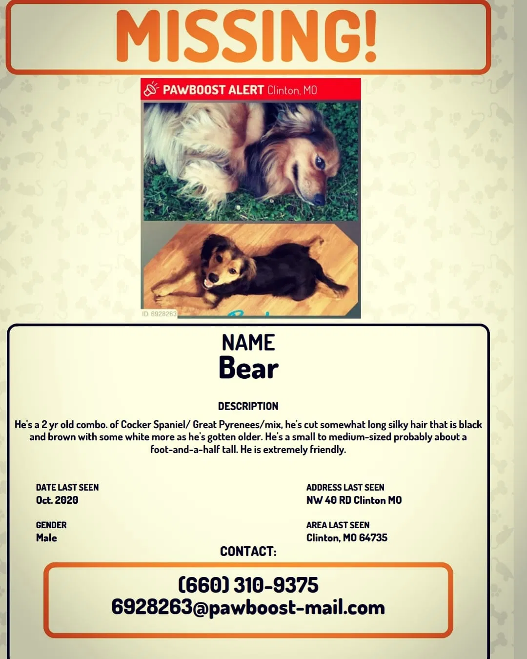 Lost dog in Clinton, MO, 64735