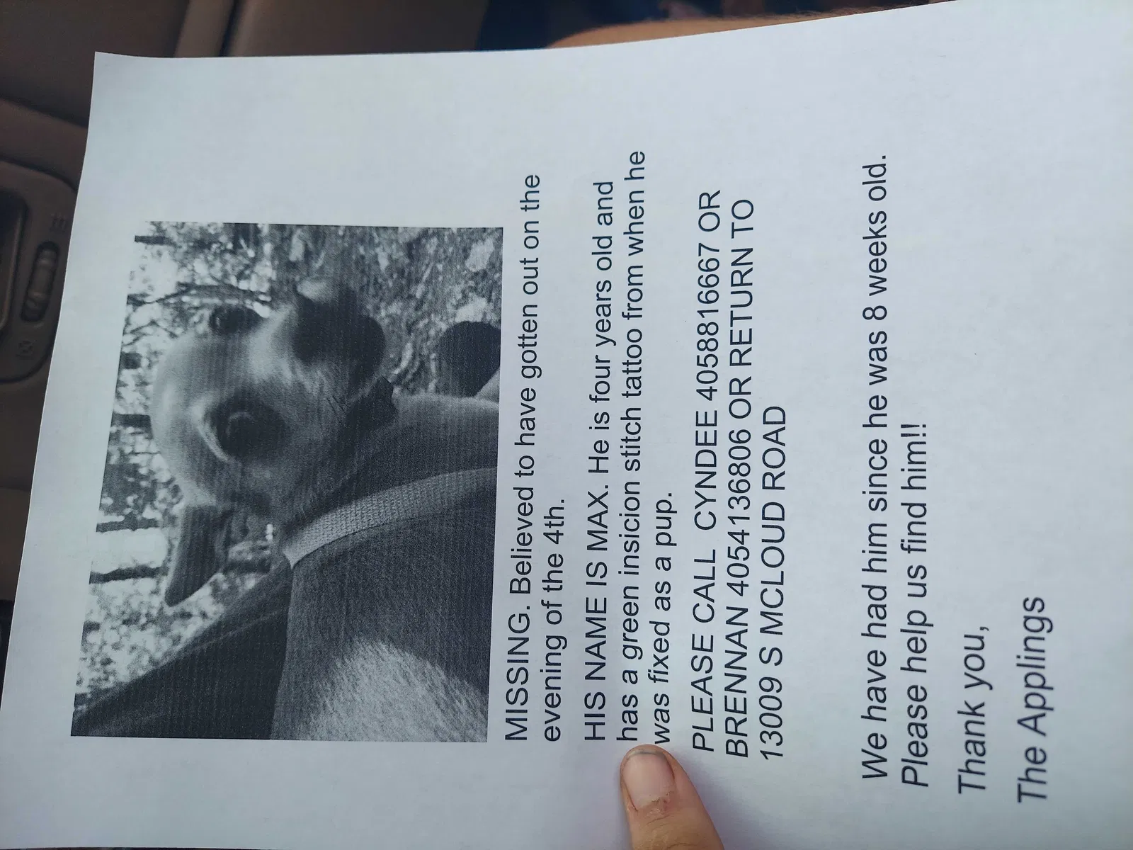 Lost dog in Mcloud, OK, 74851