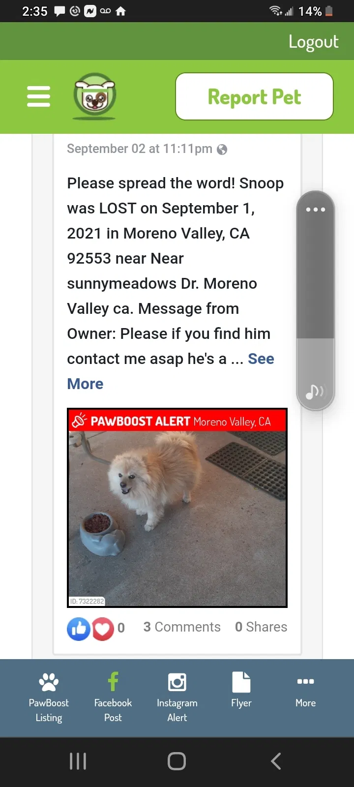 Lost dog in Moreno Valley, CA, 92553