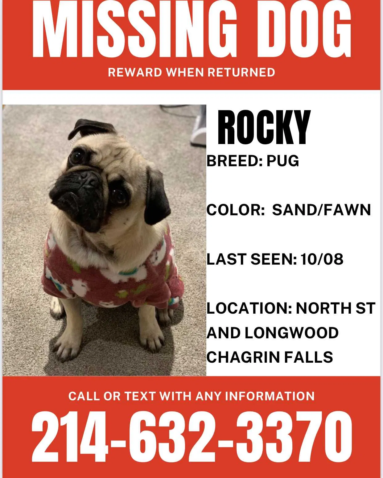 Lost dog in Chagrin Falls, OH, 44022