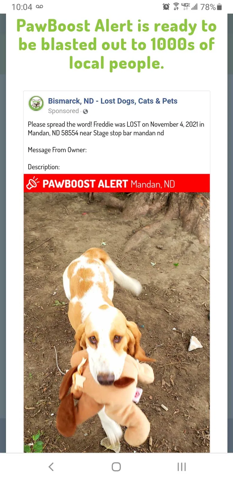 Lost dog in Mandan, ND, 58554