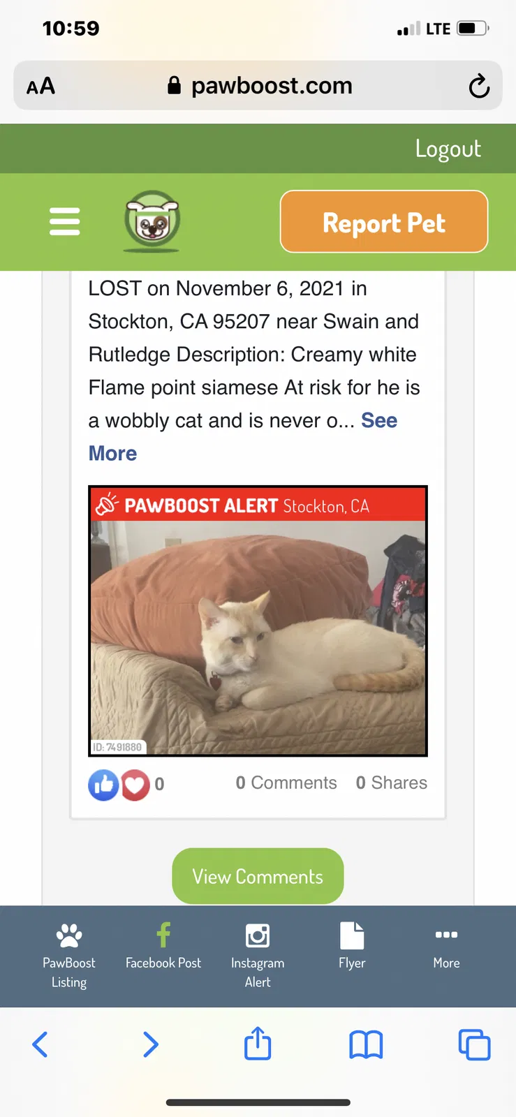 Lost cat in Stockton, CA, 95207