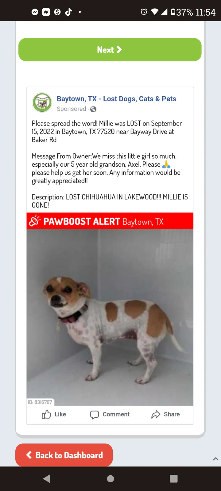 Lost dog in Baytown, TX, 77520