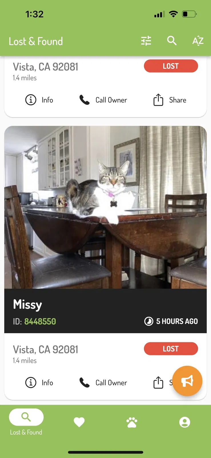 Lost cat in Vista, CA, 92081