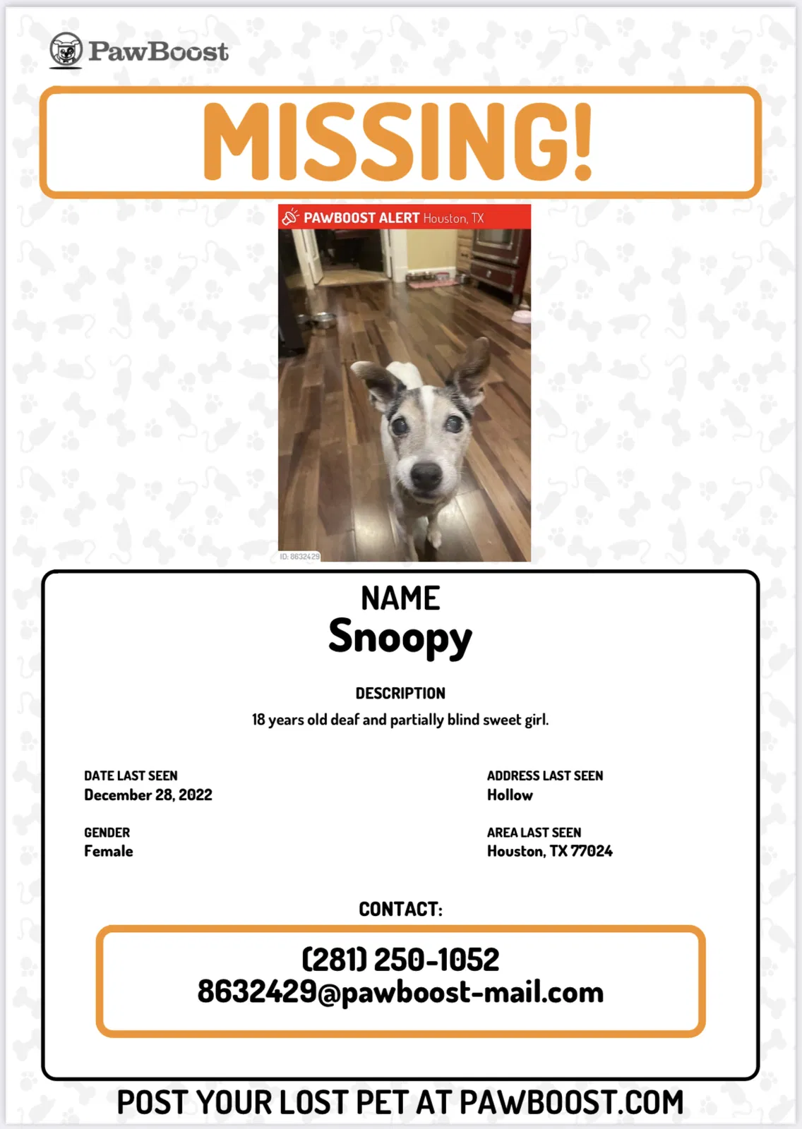 Lost dog in Houston, TX, 77024