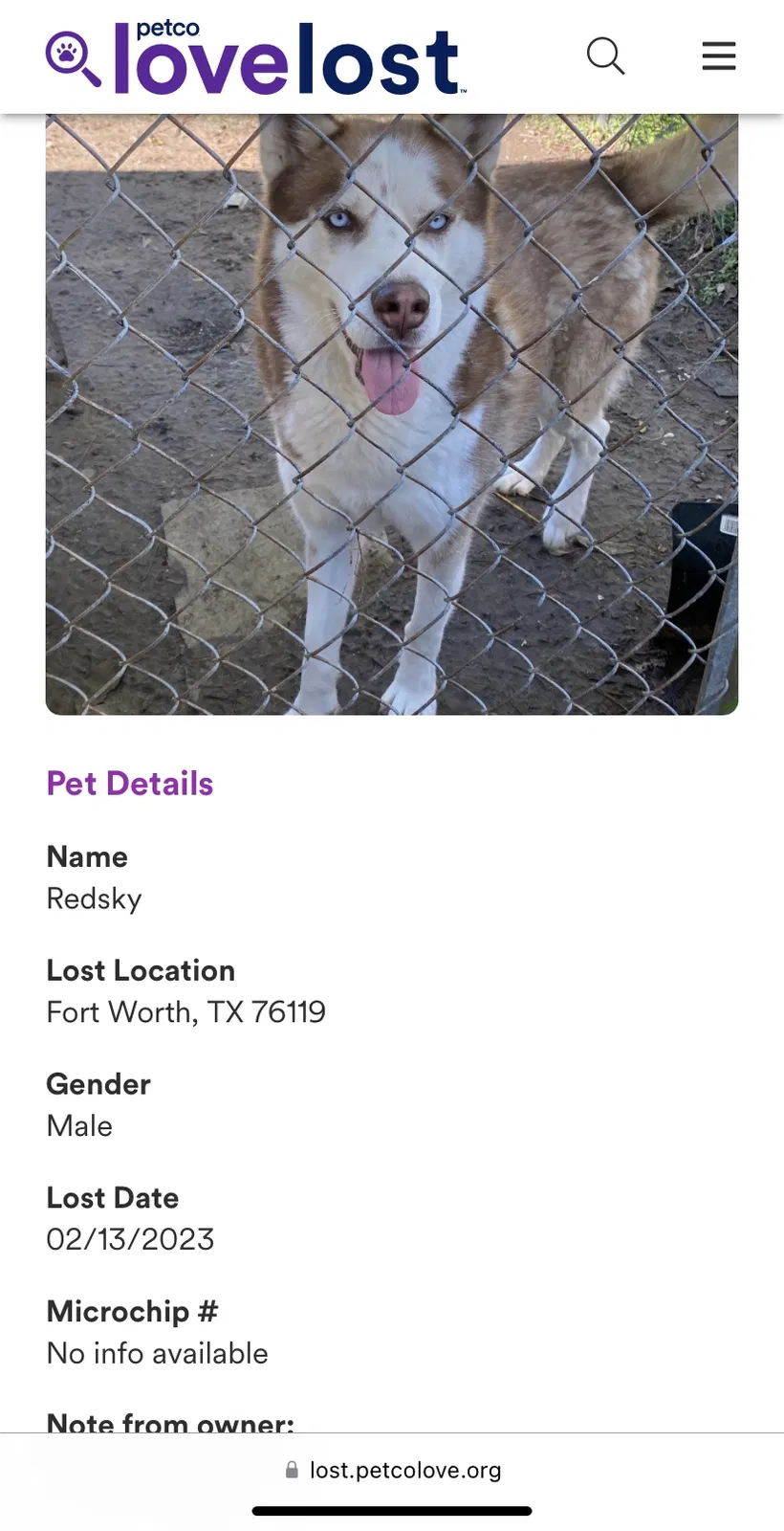 Lost dog in Fort Worth, TX, 76119