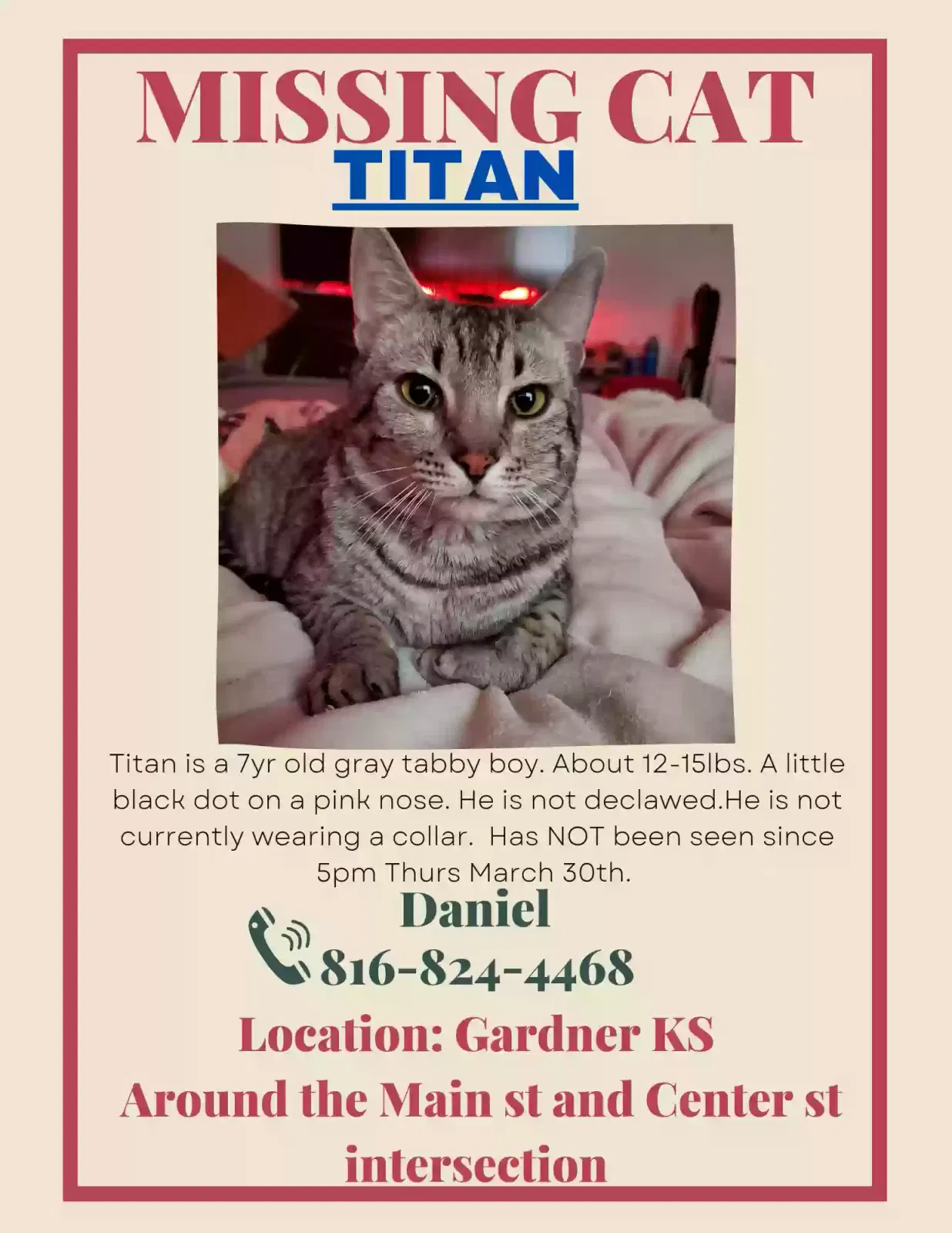 Lost cat in Gardner, KS, 66030
