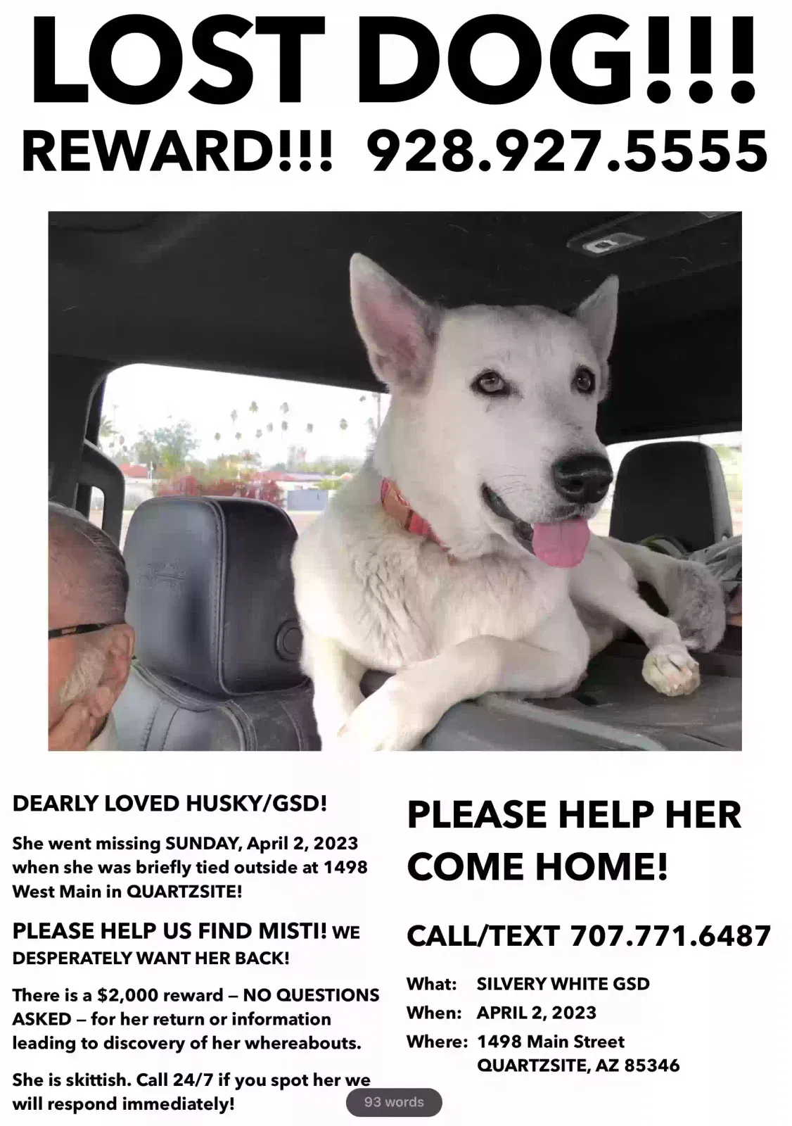 Lost dog in Quartzsite, AZ, 85346
