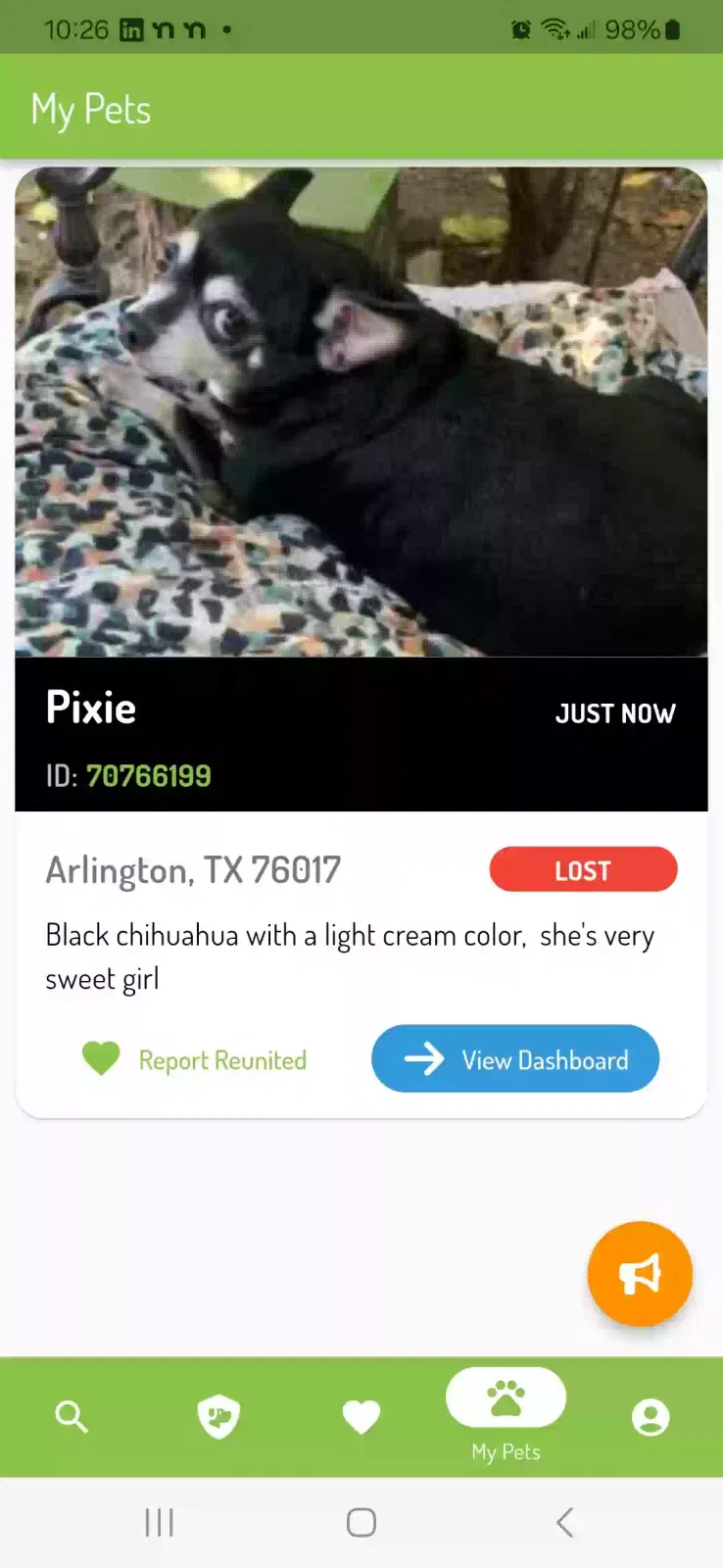 Lost dog in Arlington, TX, 76017