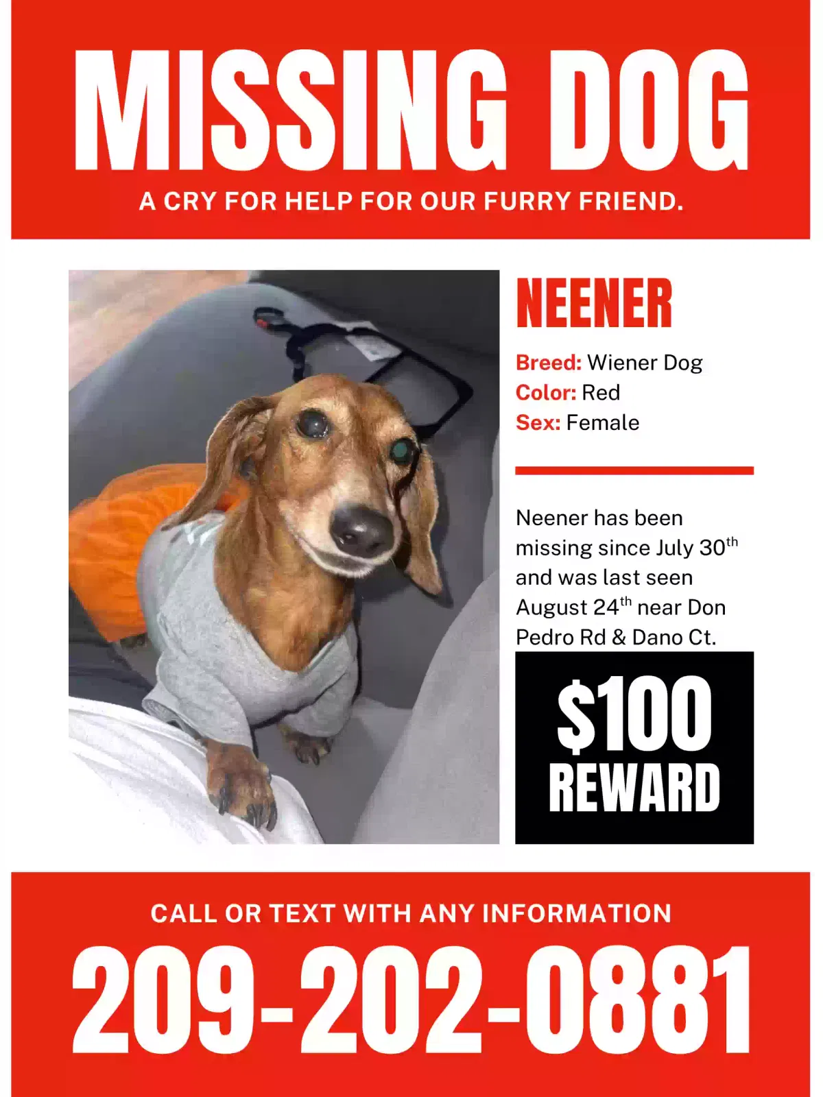 Lost dog in Ceres, CA, 95307