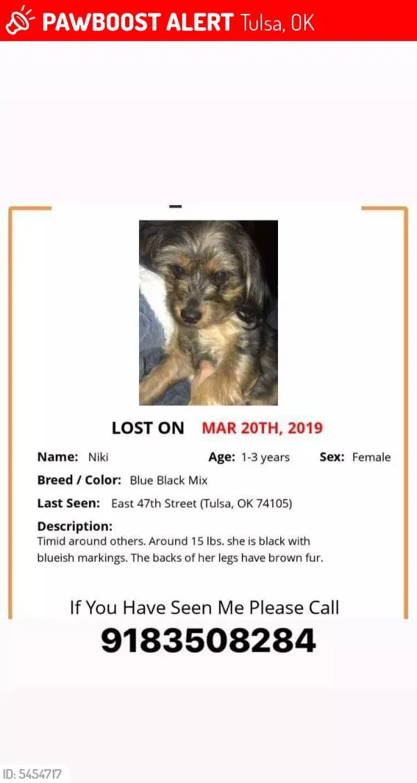 Lost dog in Tulsa, OK, 74105