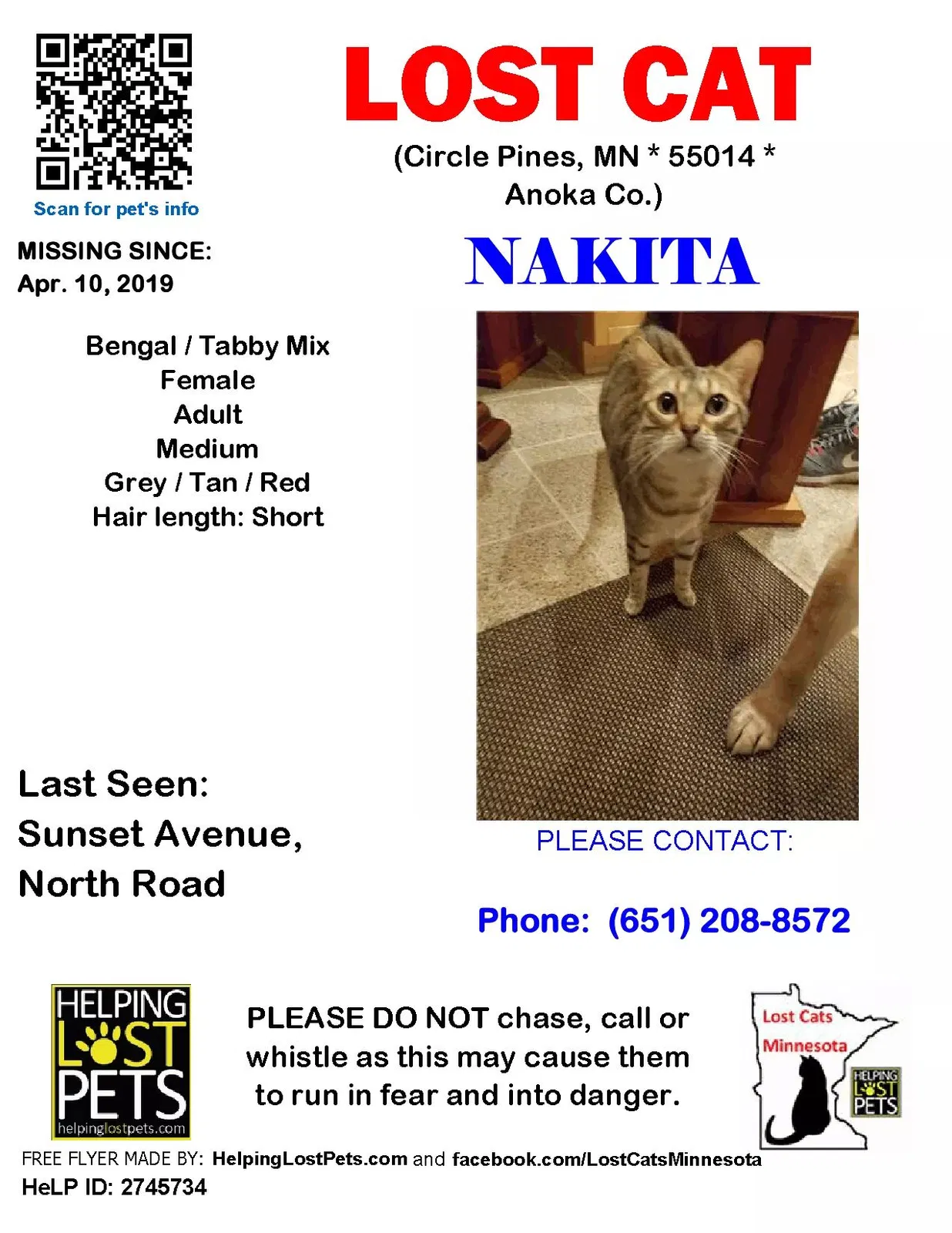 Lost cat in Circle Pines, MN, 55014