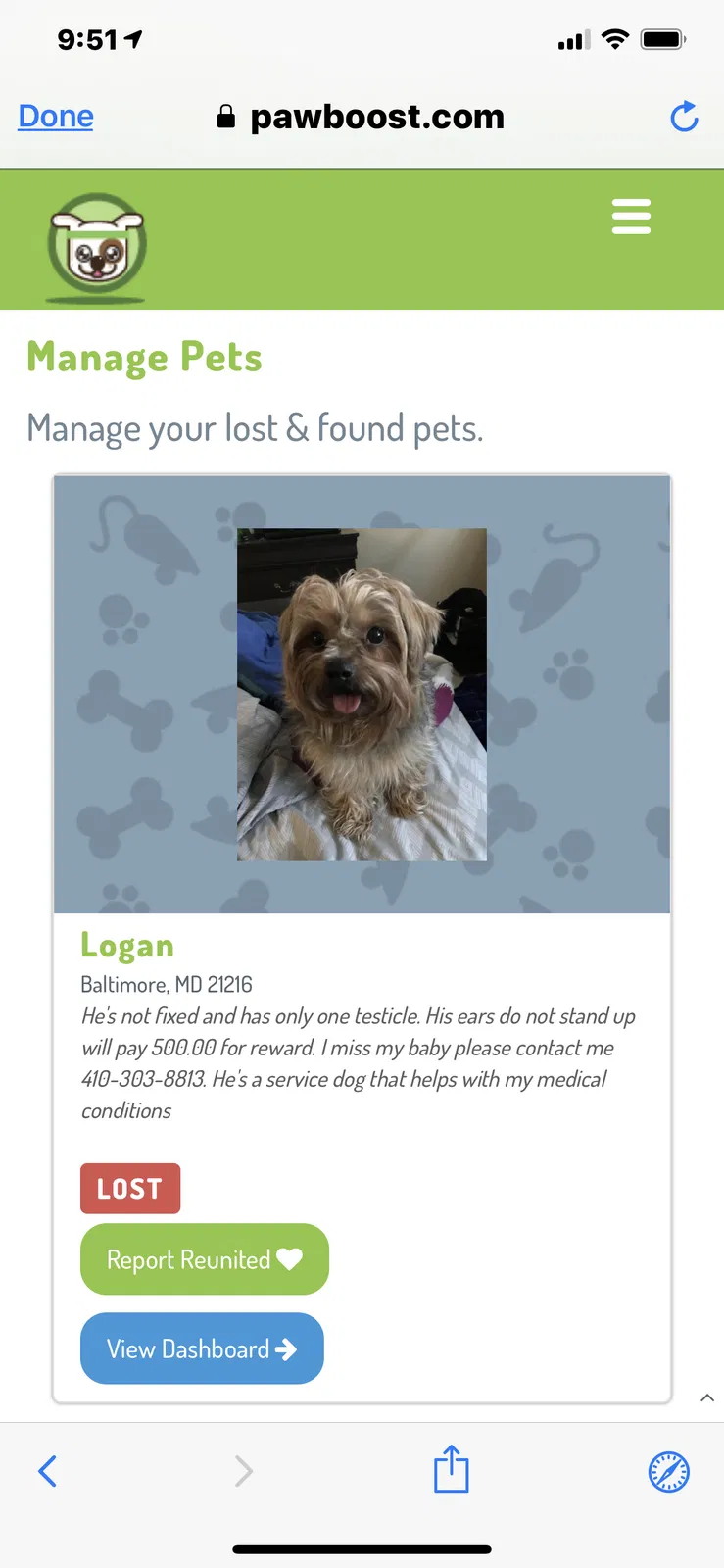 Lost dog in Baltimore, MD, 21216