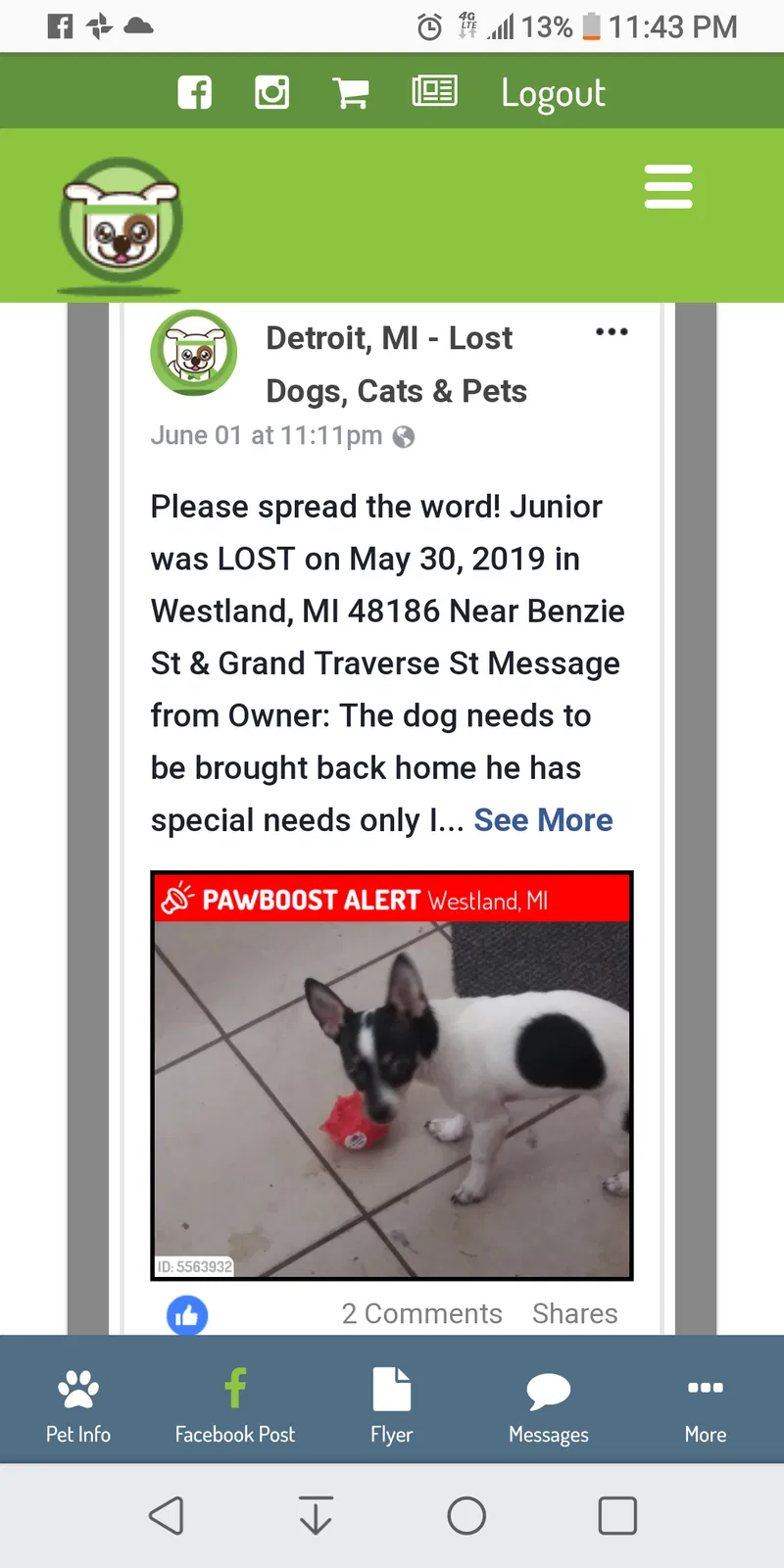 Lost dog in Westland, MI, 48186
