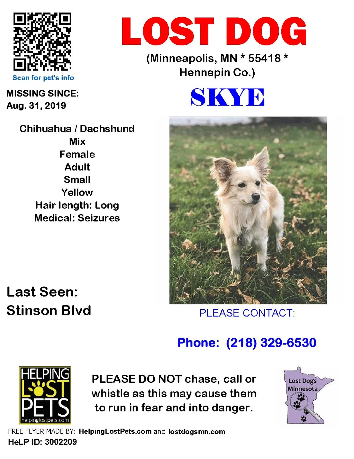 Lost dog in Minneapolis, MN, 55418