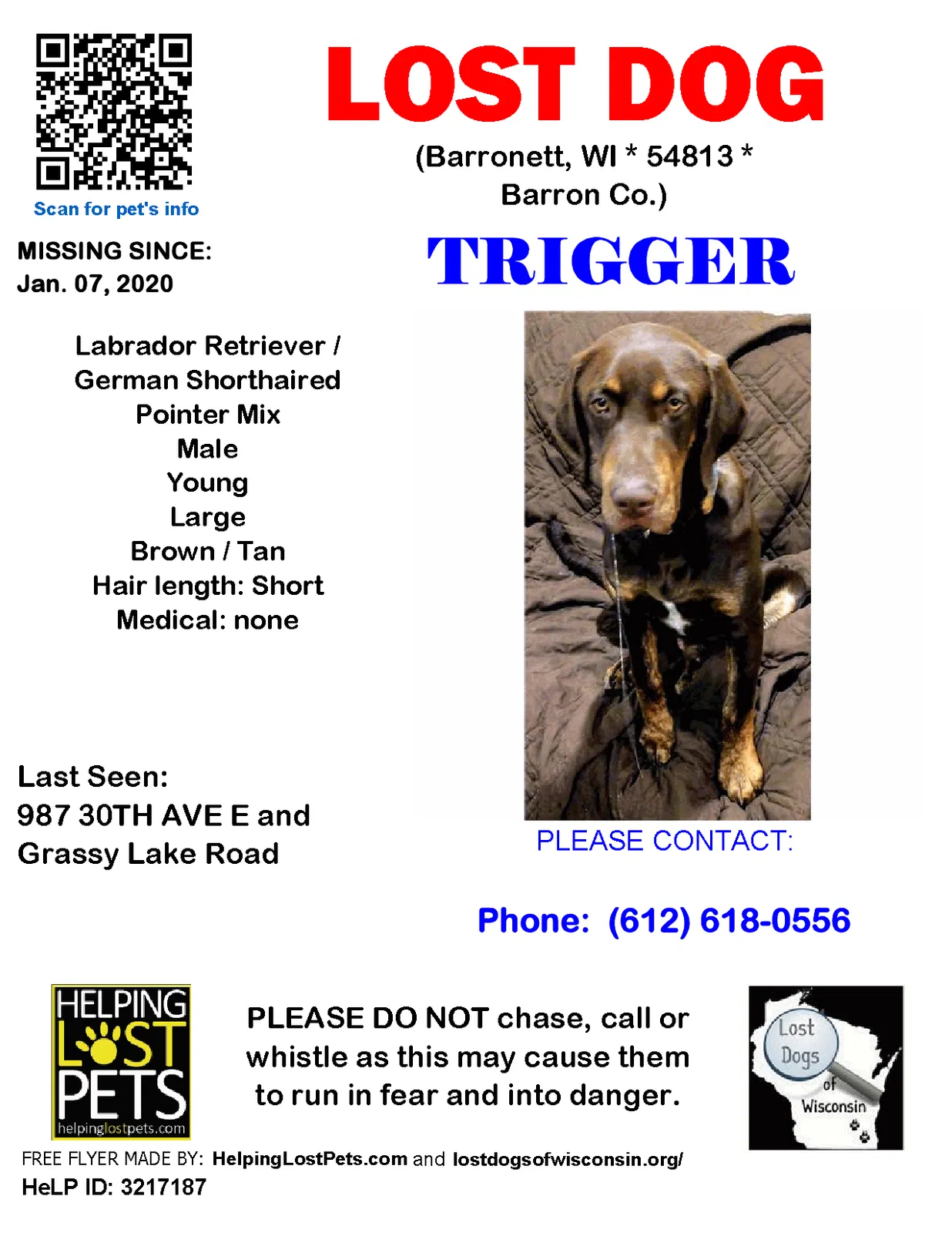 Lost dog in Barronett, WI, 54813