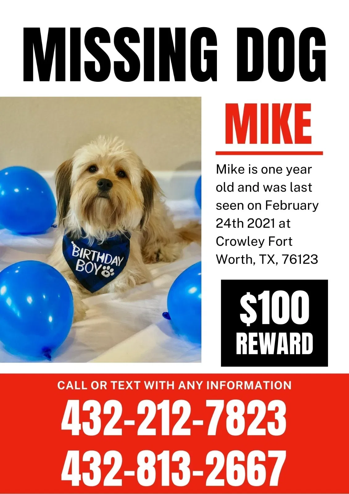 Lost dog in Fort Worth, TX, 76123